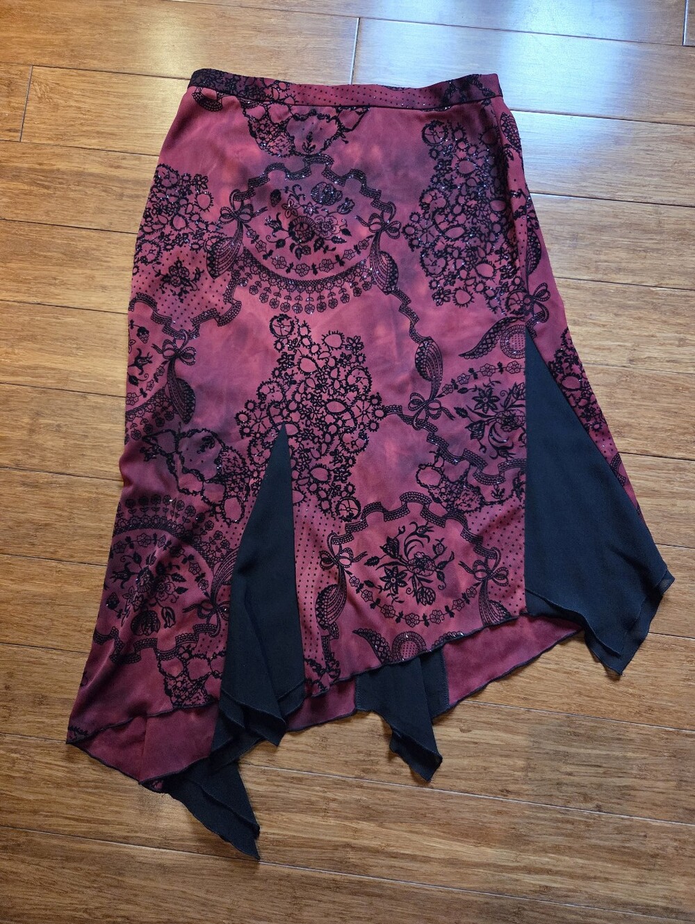 Vtg Y2K Marie Claire Dark Fairy Gothic Asymmetrical Skirt Burgundy Black 9